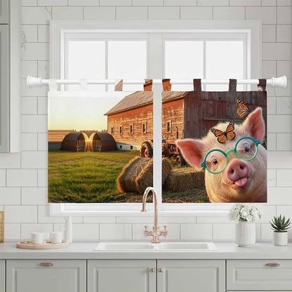 Farm Pig Kitchen Curtains 24 Inch Length, Small Window Curtains Tab Top - Image 3