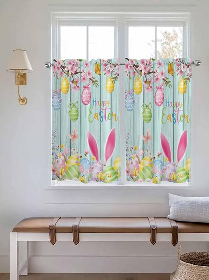 Happy Easter Kitchen Curtains 54 Inches Length, Spring Bunny Eggs Flower Teal - Image 4