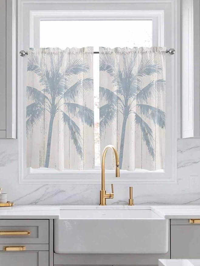 Summer Coconut Tree on Vintage Wood Grain Window Valance Curtains, Seaside - Image 3