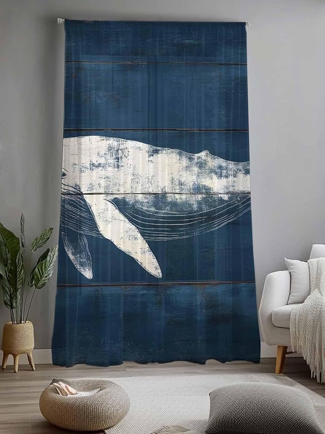 Sheer Curtains 108 Inches Long, Summer Whale Semi Sheer Curtains Light - Image 2