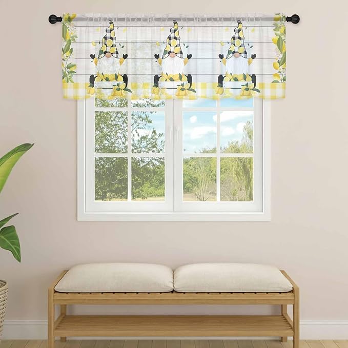 Lemon Dwarfs Sheer Valance Curtains, Gnome Green Leaf Wood Striped Black Plaid - Image 4