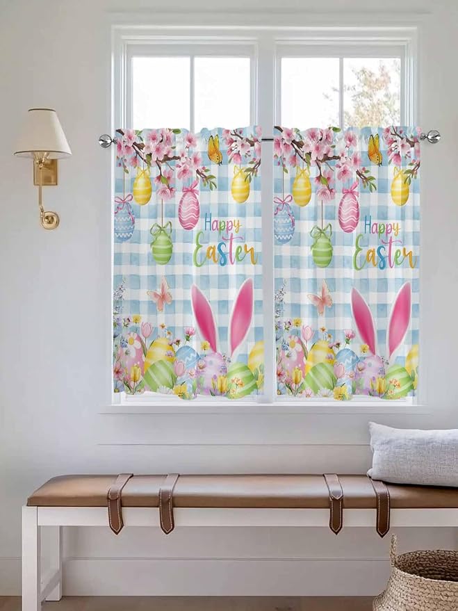 Happy Easter Tier Curtains 45 Inches Long, Spring Watercolor Bunny Eggs Flower - Image 4