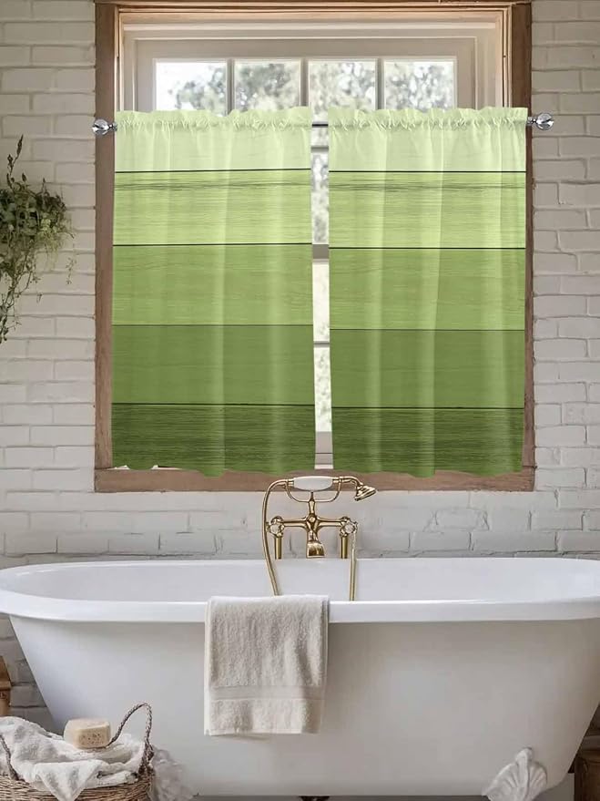 Gradient Green Wooden Board Window Valance Curtains, Retro Country Wood Grain - Image 5