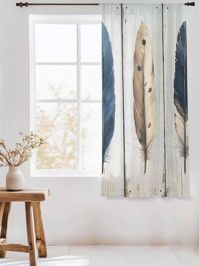 Sheer Curtains 72 Inches Long, Farmhouse Feather Semi Sheer Curtains Light - Image 3