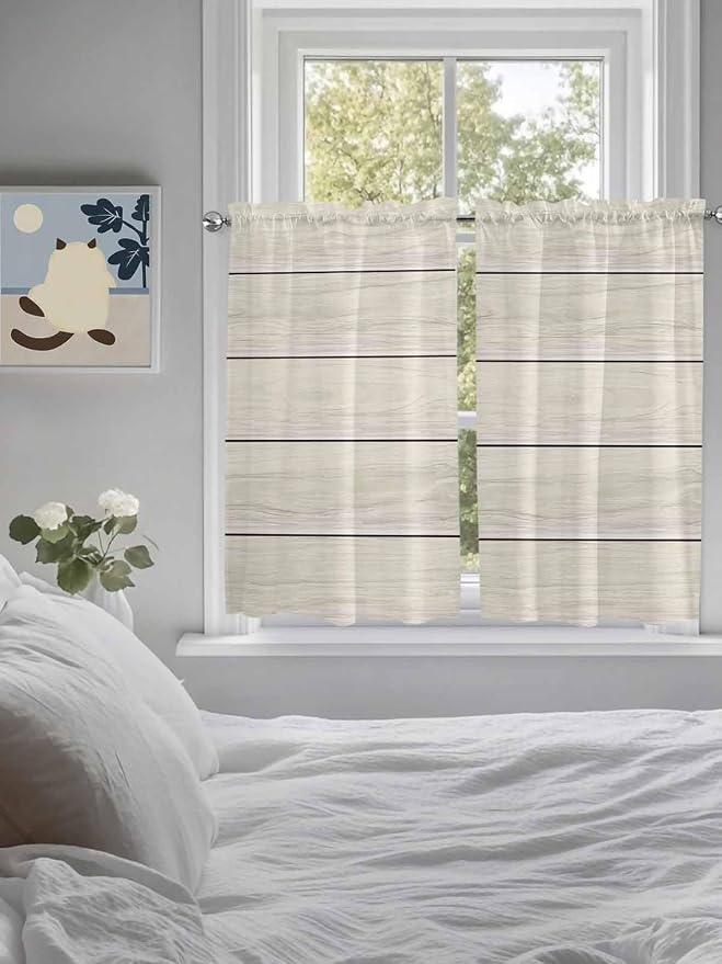 Vintage Country Wooden Board Window Valance Curtains, Gradient Wood Grain Line - Image 4