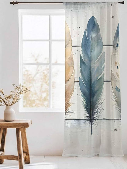 Sheer Curtains 108 Inches Long, Boho Blue Feathers Semi Sheer Curtains Light - Image 3