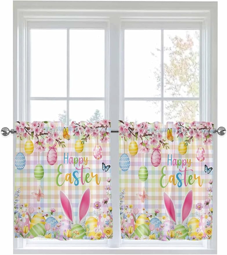 Happy Easter Half Window Curtains 24 Inches Long, Spring Bunny Colorful Eggs by Unknown