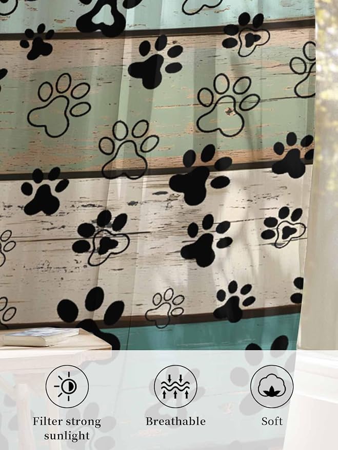 Sheer Curtains 63 Inch Length, Sage Green Brown Paw Prints Semi Sheer Curtains - Image 6