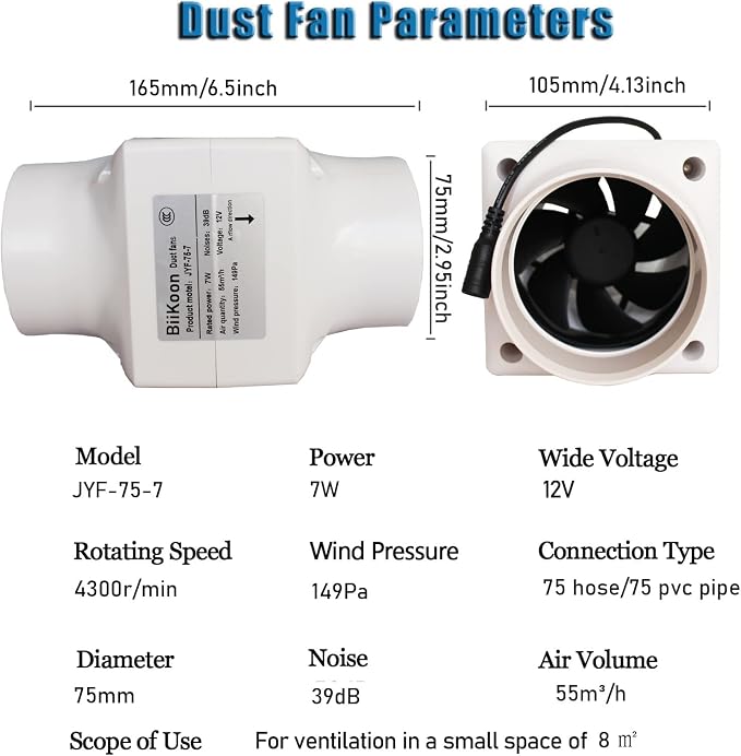 12V 3 Inch Inline Duct Fan Low Noise Variable Vent Blower Fan 32CFM Air - Image 2