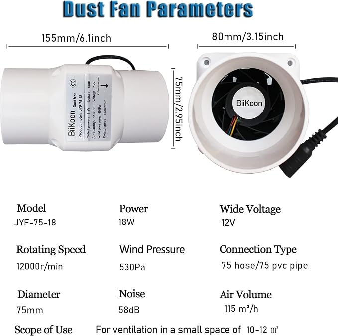 3 Inch/75mm Inline Duct Fan 12V 18W Variable Vent Blower Plastic Air Extractor - Image 2