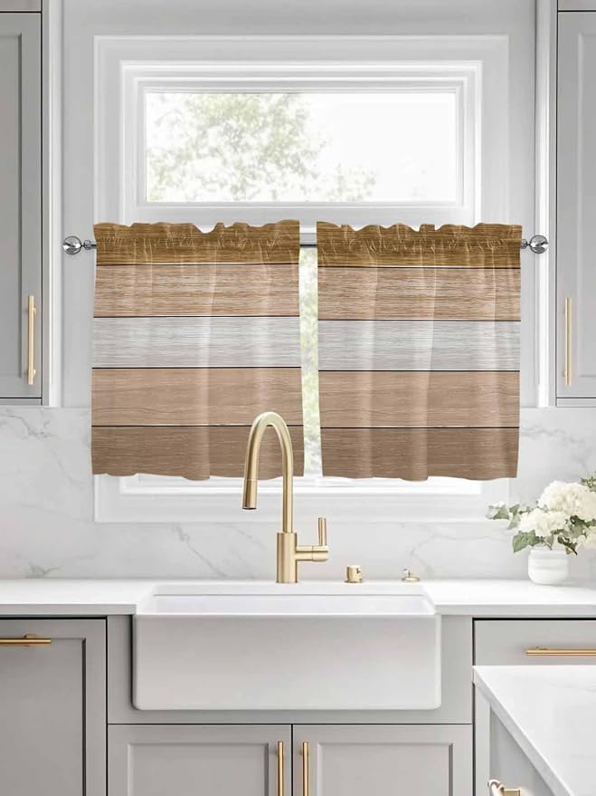 Retro Farm Wood Board Window Valance Curtains, 2 Panel by IDOWMAT