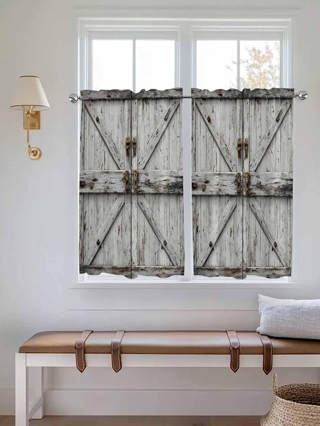 Vintage Gate Tier Curtains 45 Inches Long, Farmhouse Wooden Grain Shabby Chic - Image 4