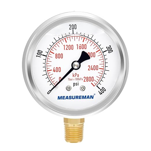 MEASUREMAN 2-1/2" Dial Size, Glycerin Filled Pressure Gauge, 0-400psi/2800kpa by MEASUREMAN