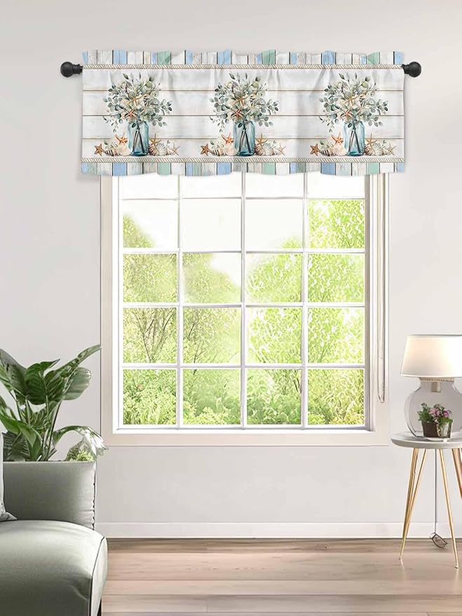 Kitchen Valances for Window, Ocean Starfish Conch Shell Eucalyptus Light - Image 2