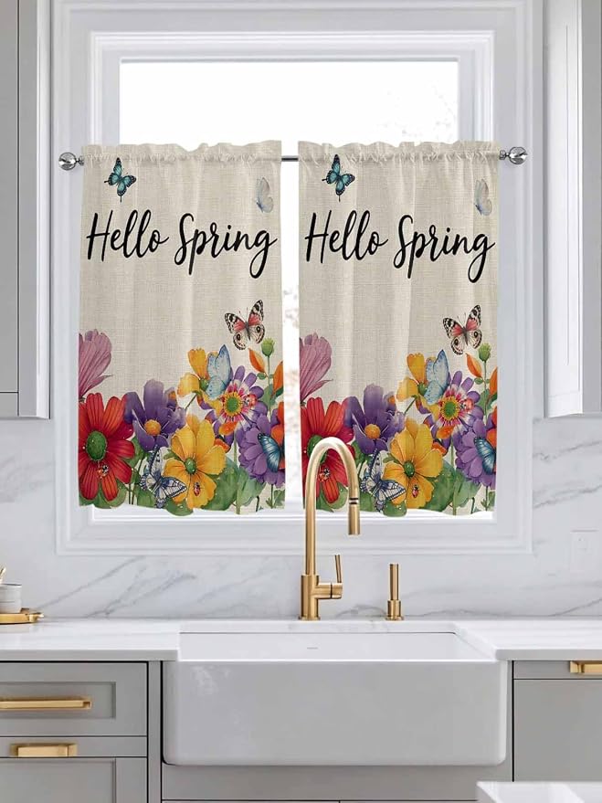 Spring Flowers Kitchen Curtains 45 Inches length, Farmhouse Vintage Country - Image 3