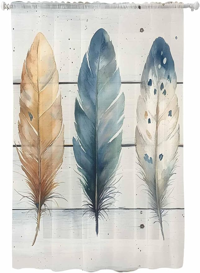 Sheer Curtains 72 Inches Long, Boho Blue Feathers Semi Sheer Curtains Light by Unknown