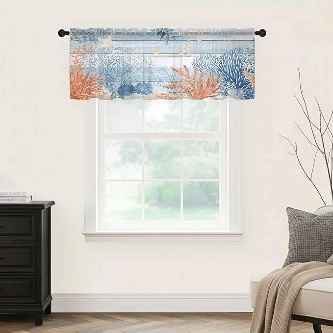 Ocean Corals Sheer Valance Curtains, Summer Beach Coral Sea Stars Blue Wood - Image 5