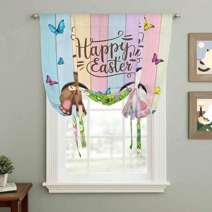 Tie Up Curtains, Happy Easter Rabbit Butt Egg on Daisy Leaf Adjustable Rod - Image 2