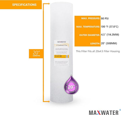 Max Water 10 Micron 20 x 4.5 Sediment Filter 20 inch Whole House BB Water - Image 2