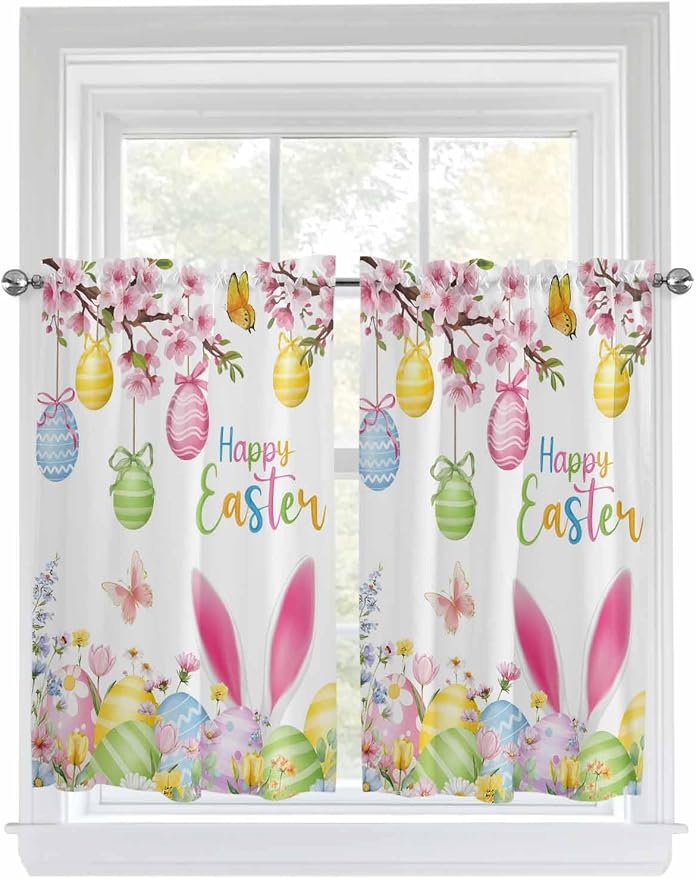 Happy Easter Kitchen Curtains 45 Inches length, Spring Watercolor Bunny Eggs by Unknown