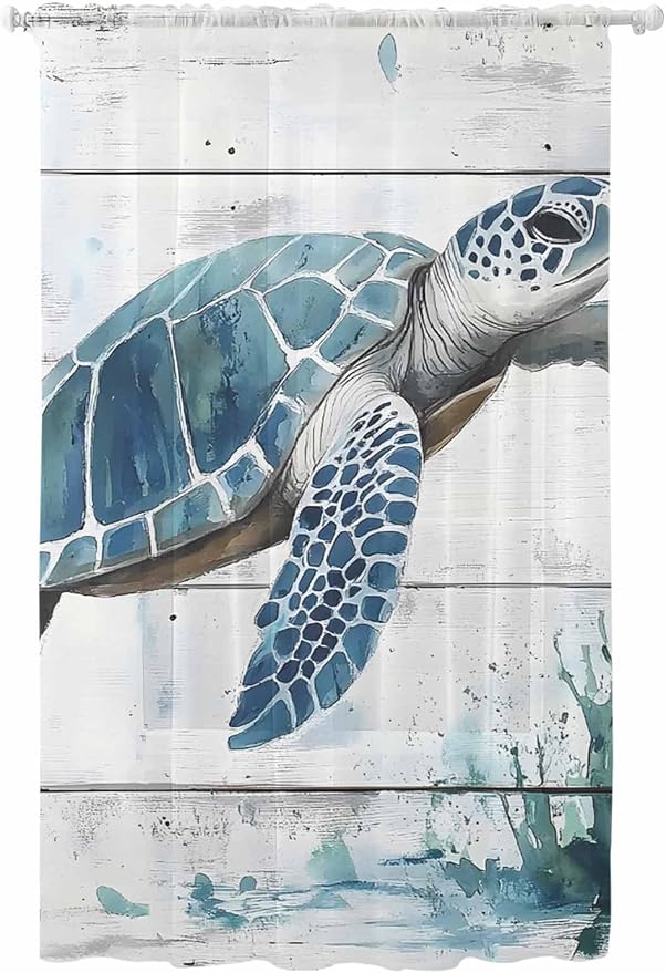 Sheer Curtains 84 Inches Long, Teal Green Sea Turtle Semi Sheer Curtains Light by Unknown