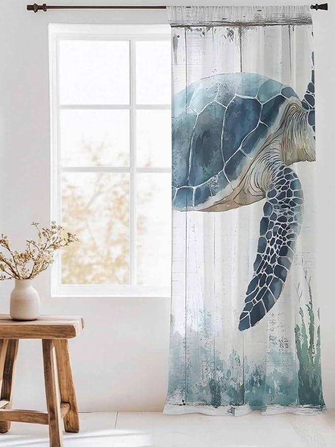 Sheer Curtains 96 Inches Long, Sea Turtle Teal Blue Semi Sheer Curtains Light - Image 3
