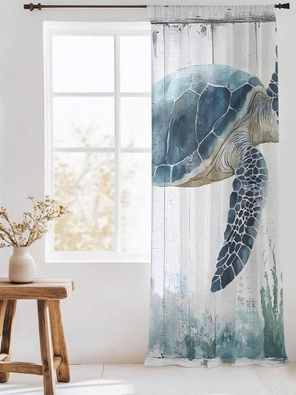 Sheer Curtains 84 Inches Long, Sea Turtle Teal Blue Semi Sheer Curtains Light - Image 3