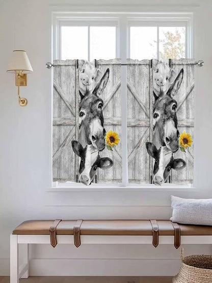 Grey Farmhouse Kitchen Curtains 54 Inches Length, Vintage Sunflowers Animals - Image 4