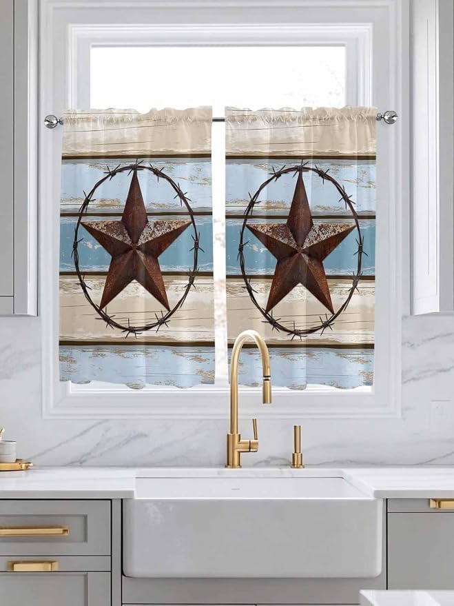 Vintage Western Star on Wood Grain Window Valance Curtains, Retro Wooden - Image 3