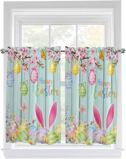 Happy Easter Tier Curtains 45 Inches Long, Spring Bunny Eggs Flower Teal Wood by Unknown