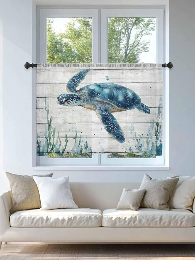 Sheer Curtains 45 Inch Length, Teal Green Ocean Turtle Semi Sheer Curtains - Image 4