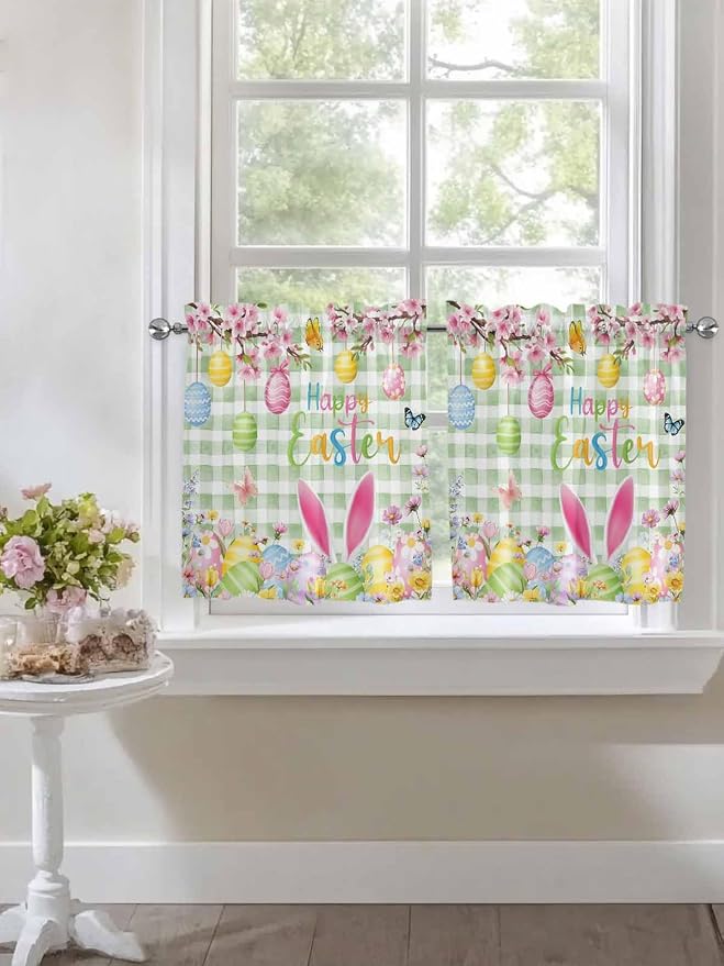 Happy Easter Half Window Curtain 36 Inches Long, Spring Bunny Eggs Flower Sage - Image 7