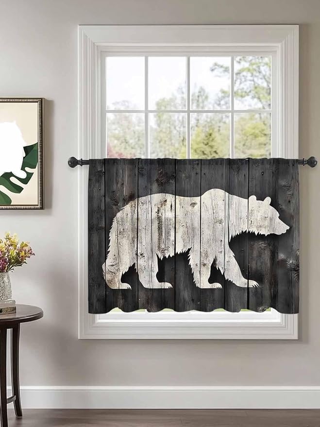 Sheer Curtains 54 Inch Length, Farmhouse Country Rustic Wooden Grain Privacy - Image 2