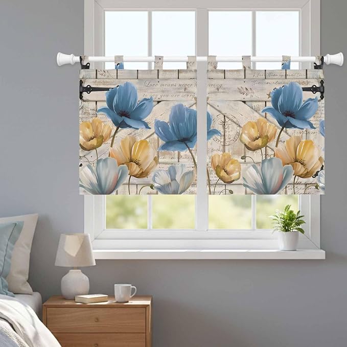 Blue Yellow Tulips Kitchen Curtains 24 Inch Length, Small Window Curtains Tab - Image 9