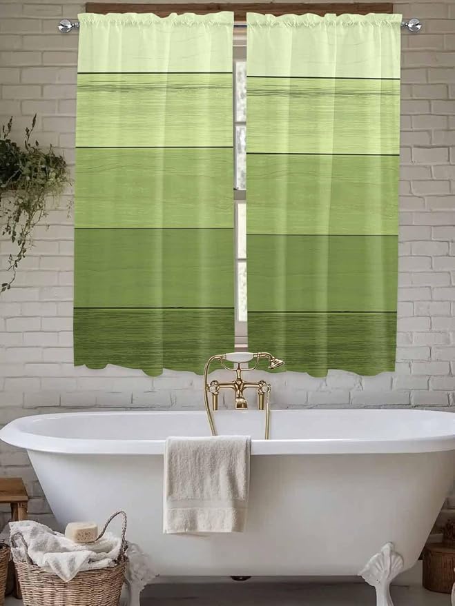 Gradient Green Wooden Board Window Valance Curtains, Retro Country Wood Grain - Image 5