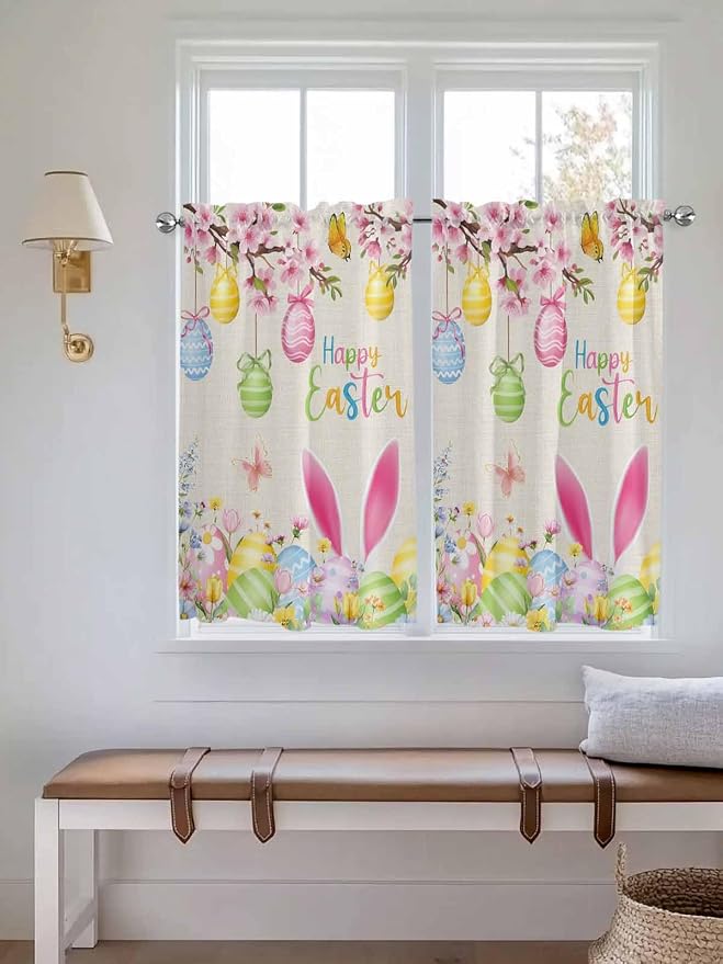 Happy Easter Tier Curtains 45 Inches Long, Spring Farmhouse Bunny Eggs Flower - Image 4
