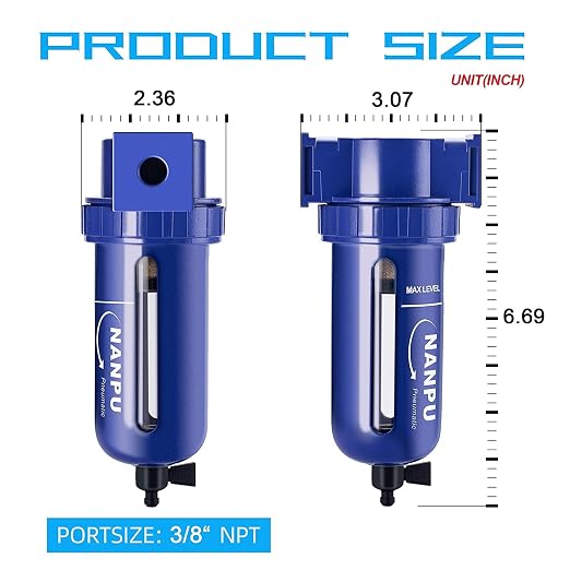 NANPU 3/8" NPT Compressed Air Filter, Zinc Alloy, 5 Micron Brass Element - Image 3