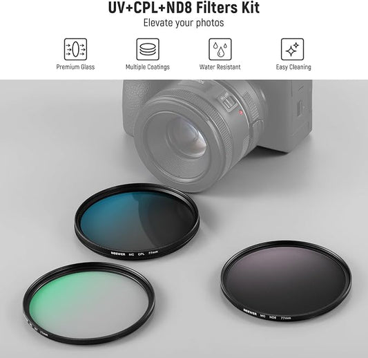 NEEWER 77mm UV/CPL/ND Lens Filter Kit, UV Protection + Circular Polarizing + - Image 2