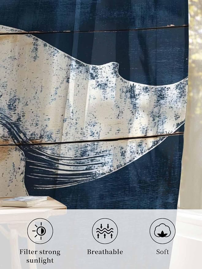 Sheer Curtains 72 Inches Long, Ocean Whale Blue Semi Sheer Curtains Light - Image 6