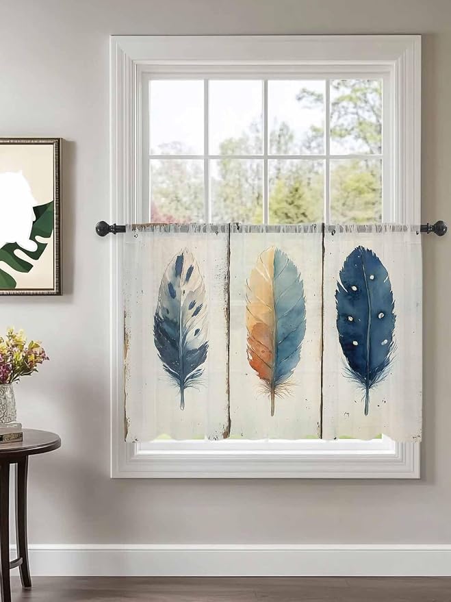 Sheer Curtains 45 Inch Length, Boho Ombre Vintage Wooden Grain Privacy Voile - Image 2
