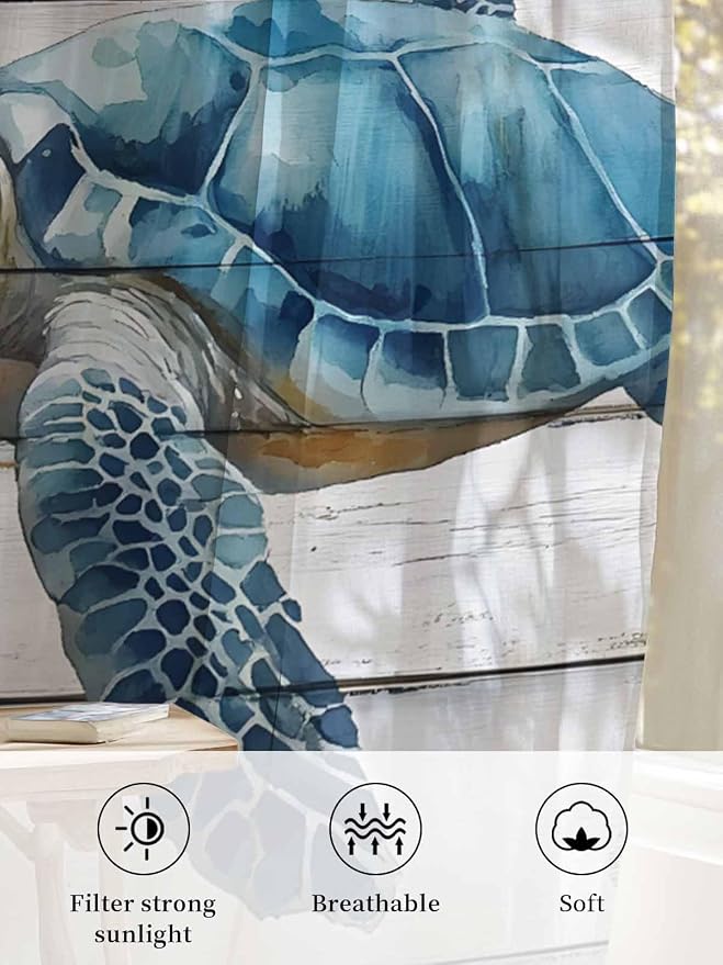 Sheer Curtains 72 Inches Long, Sea Turtle Blue Semi Sheer Curtains Light - Image 6