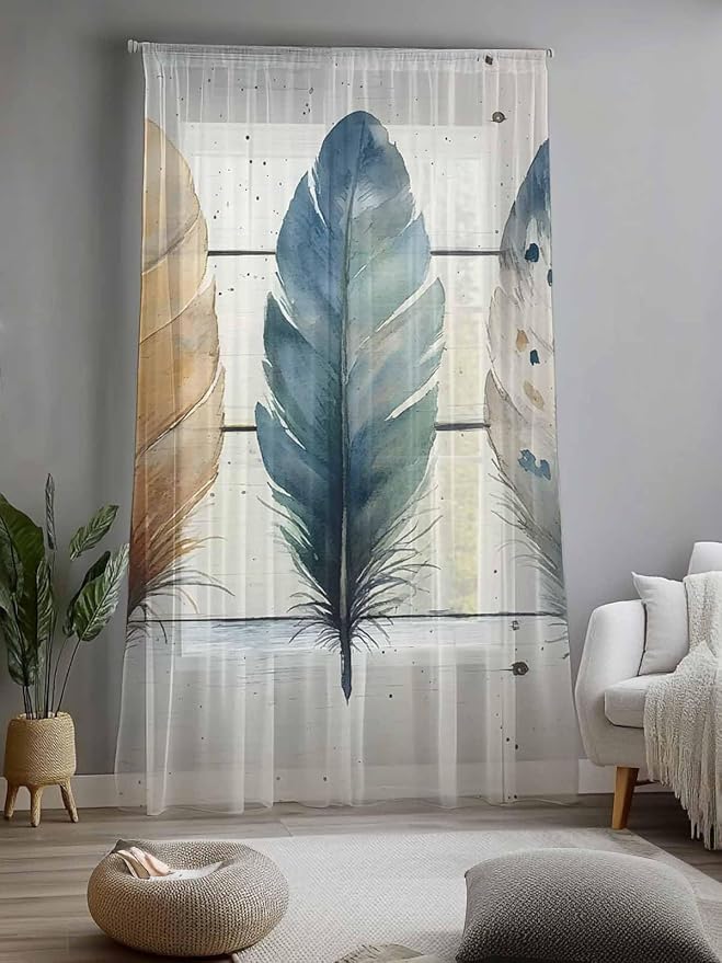 Sheer Curtains 84 Inches Long, Boho Blue Feathers Semi Sheer Curtains Light - Image 2