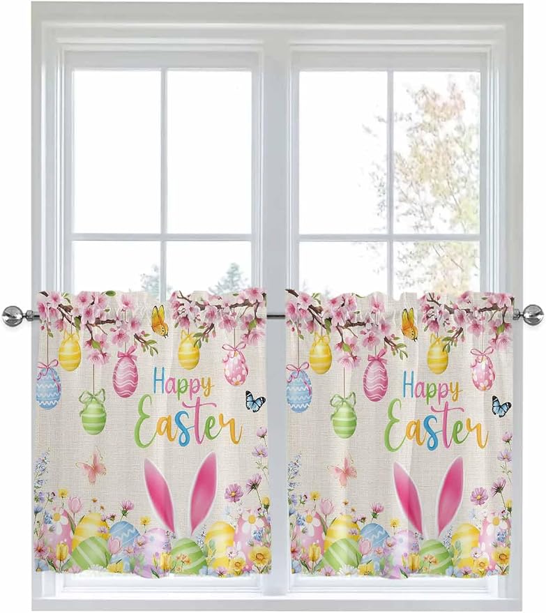 Happy Easter Half Window Curtain 36 Inches Long, Spring Farmhouse Bunny Eggs by Unknown