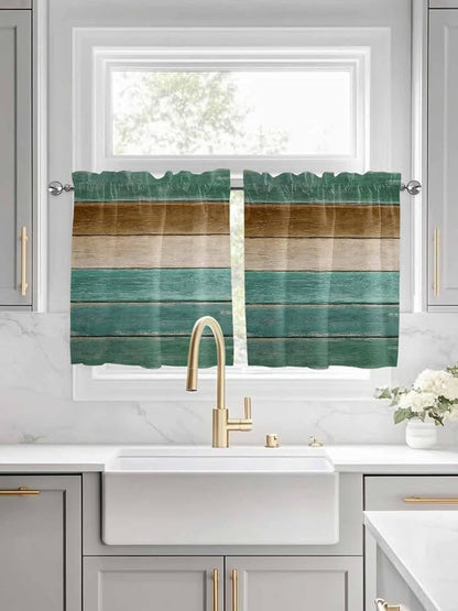 Vintage Plank Turquoise Brown Window Valance Curtains, Farmhouse Wood Grain - Image 2