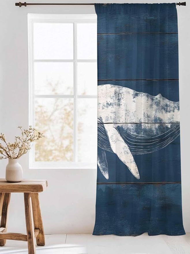 Sheer Curtains 96 Inches Long, Summer Whale Semi Sheer Curtains Light Filtering - Image 3