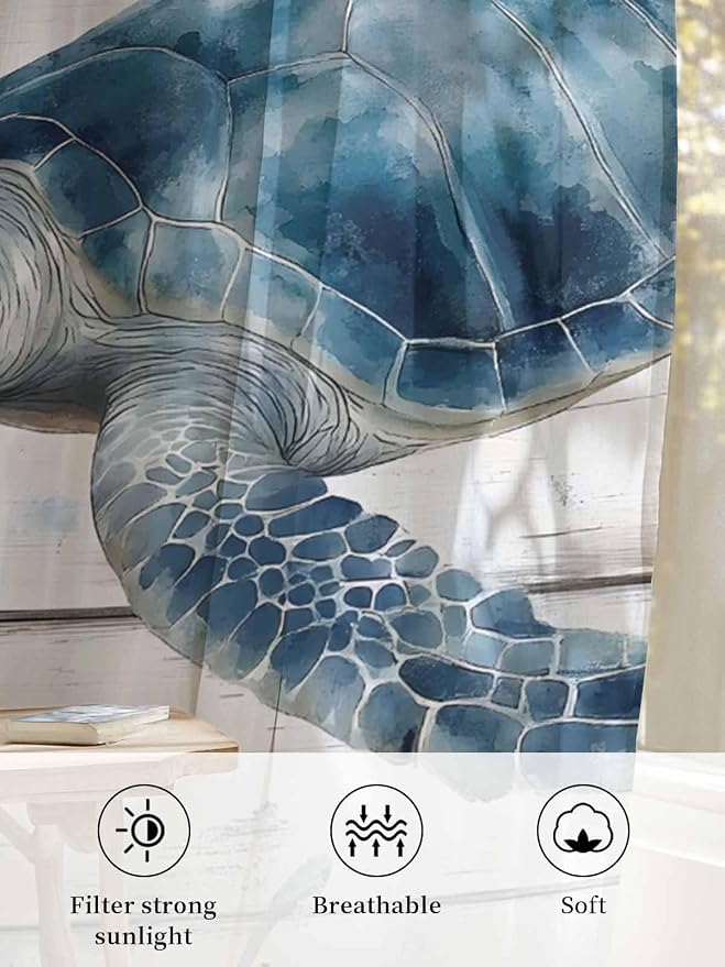 Sheer Curtains 108 Inches Long, Ocean Sea Turtle Semi Sheer Curtains Light - Image 6