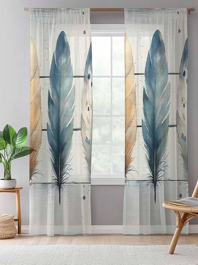 Sheer Curtains 96 Inches Long, Boho Blue Feathers Semi Sheer Curtains Light - Image 5