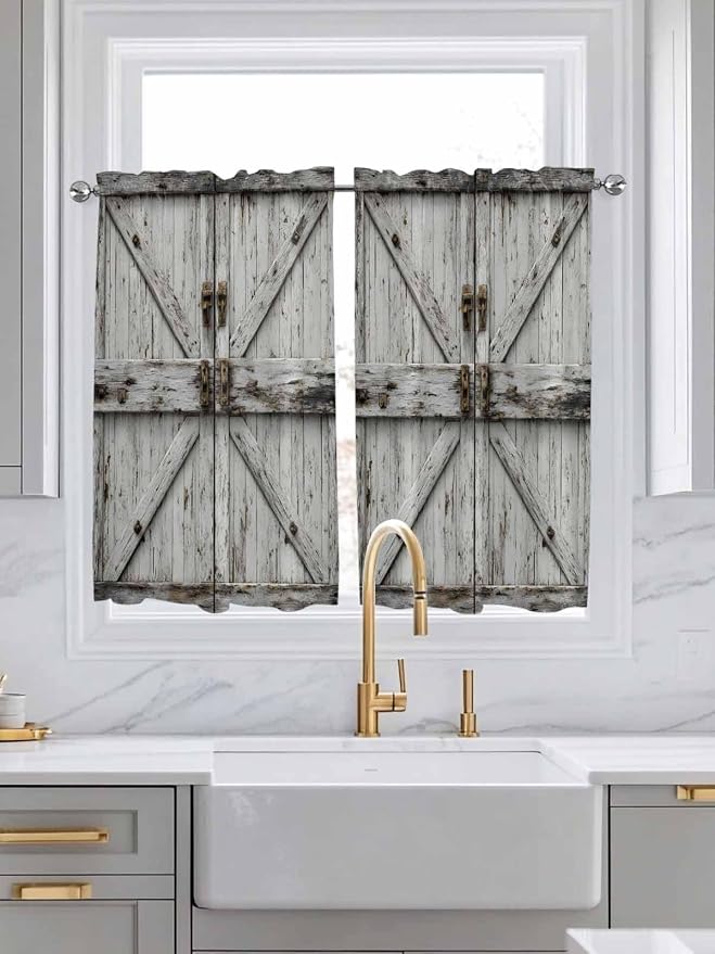 Vintage Gate Kitchen Curtains 54 Inches Length, Farmhouse Wooden Grain Shabby - Image 3