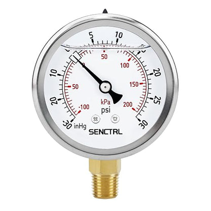 SENCTRL 30 inHg to 30 Psi Vacuum Glycerin Liquid Filled Low Pressure Gauge by senctrl