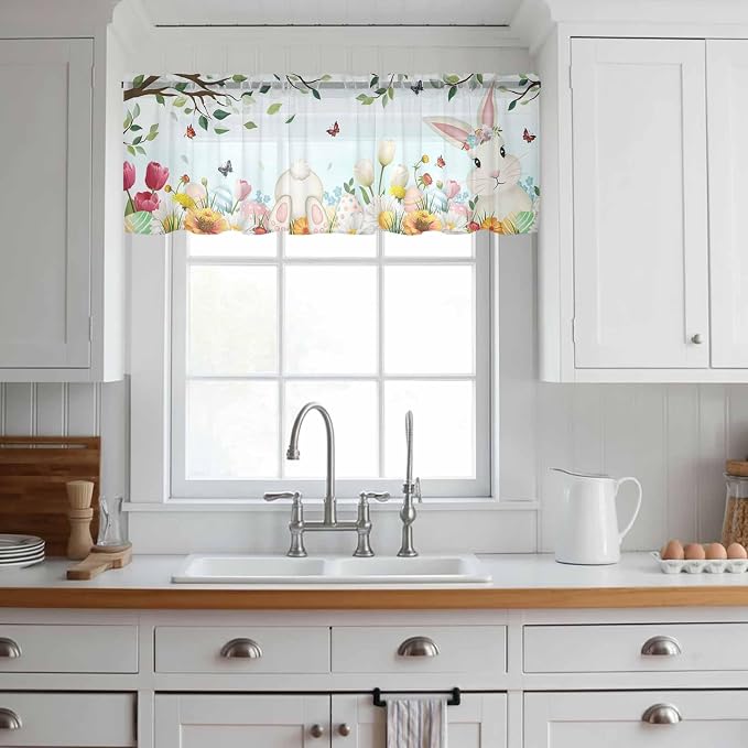Easter Sheer Valances for Windows 42"x18", Light Filtering Kitchen Curtains - Image 3